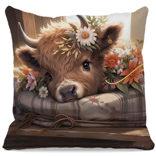OFlich Highland Cow Pillow Cover 18x18 - Floral Spring Design