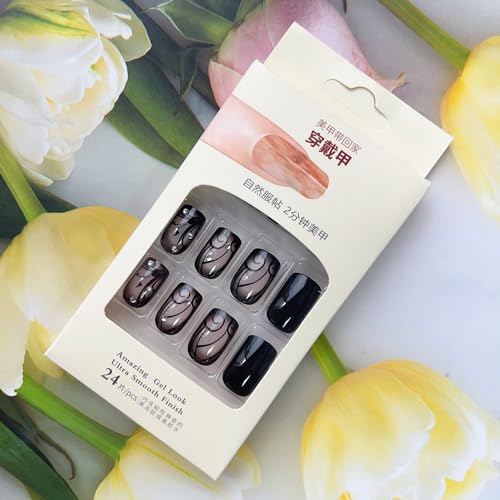 OHWODA Short Square Press on Nails Black Vine Glossy False Nails 24Pcs