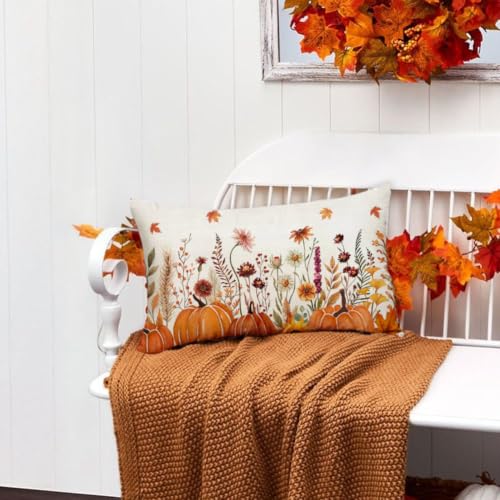 Floral Pumpkin Fall Pillow Cover 12x20 - Machine Washable
