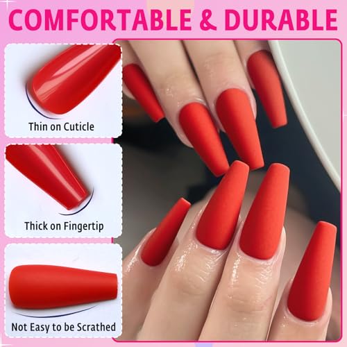 AddFavor 120pcs Matte Red Long Coffin Press on Nails with Glue