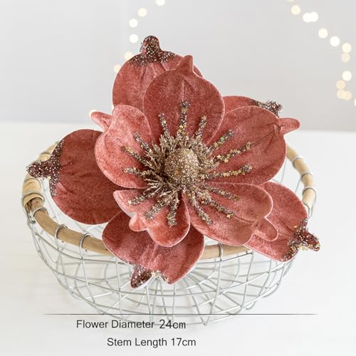 Artificial Glitter Magnolia Flowers Christmas Poinsettia Ornaments Picks - Red, 9.4 Inches, Set of 6