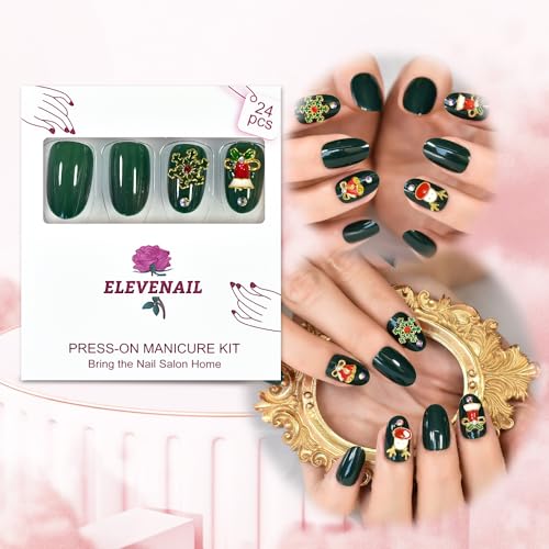 Christmas Deep Green Press on Nails 3D Rhinestone Oval Fake Nails