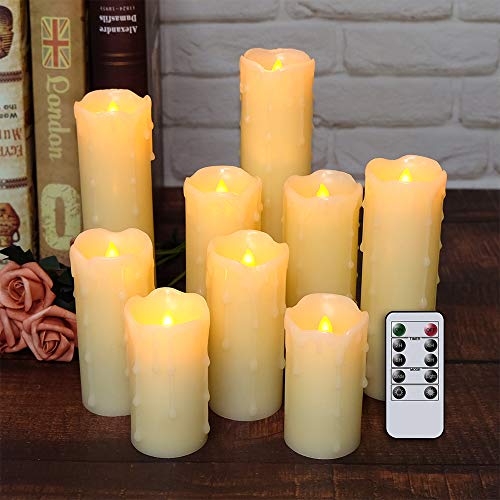 9 Pack Flameless Pillar Candles with Remote & Timer - Drip Effect, Safe Battery Operated