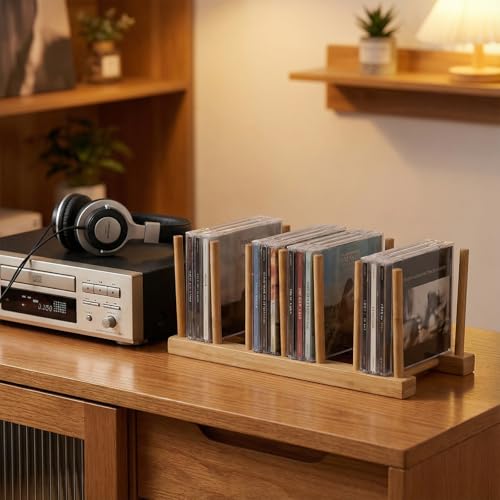 Bamboo CD Holder Organizer - 2 PCS Adjustable CD Rack for 18 Discs