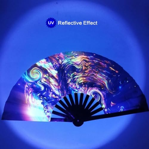 Large Folding Hand Fan UV Glow Rave Bamboo Festival Dancing Fan