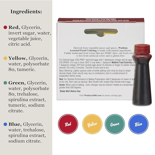 Watkins Assorted Food Coloring, Natural Vegetable-Based Dyes, 4 x 0.3 oz
