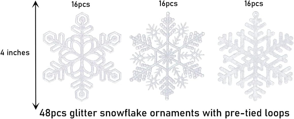 Skiennix 48pcs Pre-Strung White Snowflake Ornaments - Glittery Christmas Tree Decorations