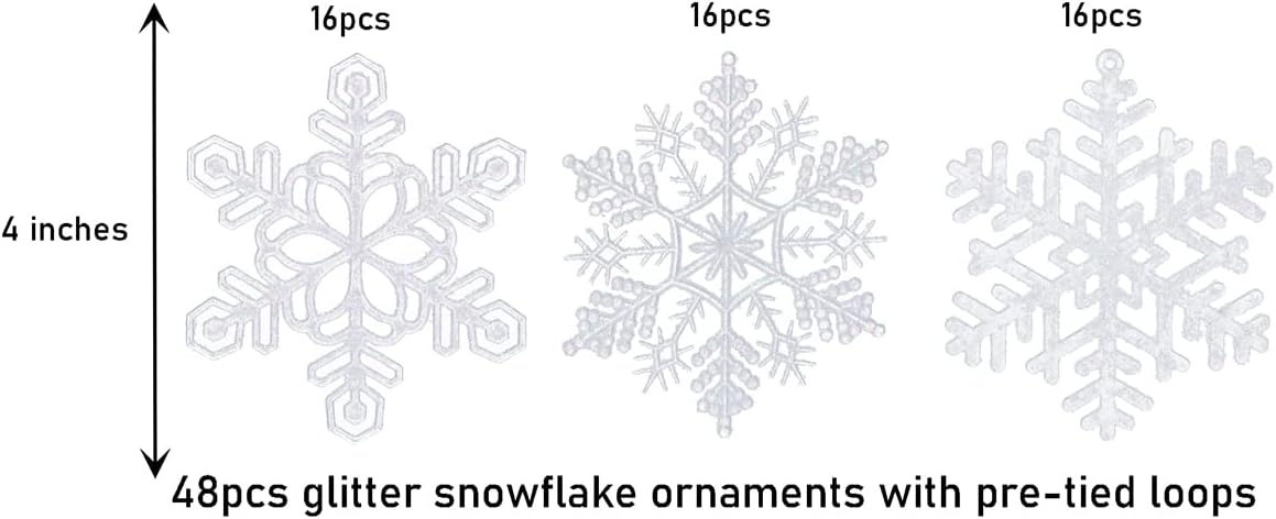 Skiennix 48pcs Pre-Strung White Snowflake Ornaments - Glittery Christmas Tree Decorations