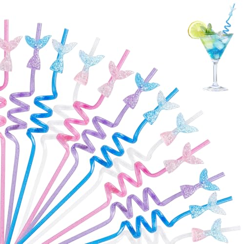 ZXOPM 12pcs Glitter Mermaid Drinking Straws with Mermaid Tail & Bow Charm - Party Favors for Mermaid Birthday