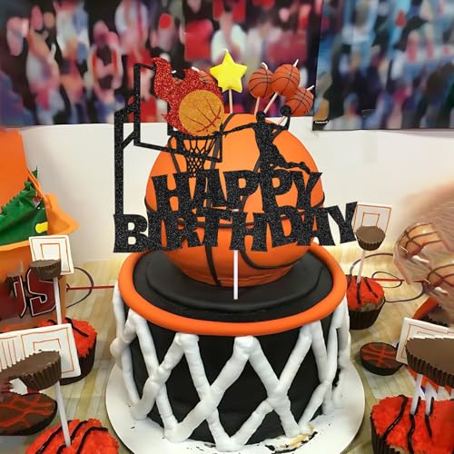 Basketball Happy Birthday Cake Topper Black Glitter Sport Theme Party