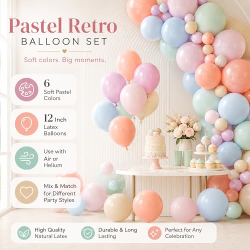 12 Inch Pastel Retro Balloons - Colorful Latex Party Balloon Decorations