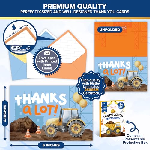 Construction-Themed Thank You Cards for Kids - 24 Pack