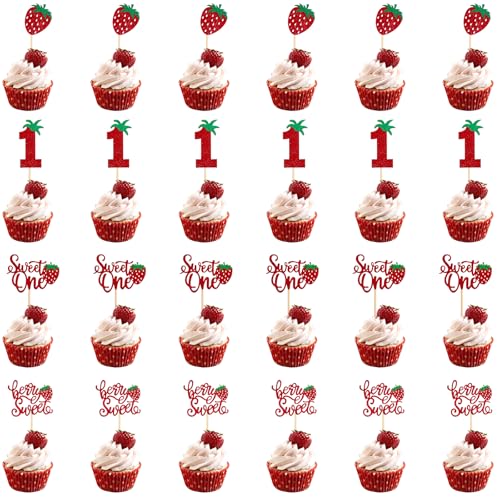 24 Strawberry Cupcake Toppers for 1st Birthday Party Decor