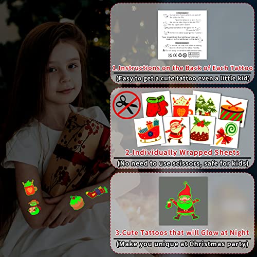 Partywind Glow Christmas Temporary Tattoos for Kids 204 Pcs Stocking Stuffers