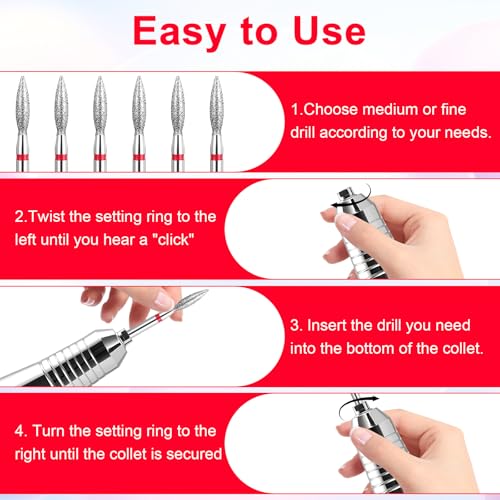 Flame Nail Drill Bits 6 Pcs Cuticle Clean Diamond Bits 3/32"
