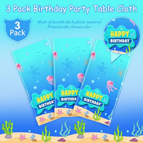 3 Pcs Blue Ocean Birthday Tablecloths - 108x54" Under The Sea Party Decor