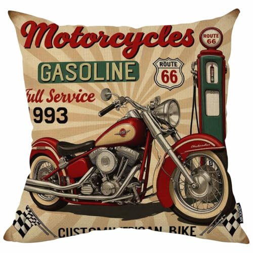 Mugod Retro Route 66 Motorcycle Throw Pillow Cover 18x18