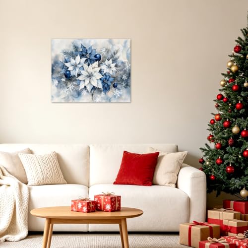 Christmas Wall Art Canvas - Blue and White Poinsettia Floral Decor 20x16 Inch - Ready to Hang