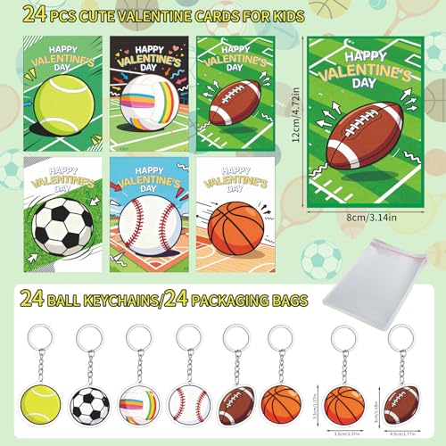 Sports Valentines Day Cards with Keychains - 24 Pack for Kids