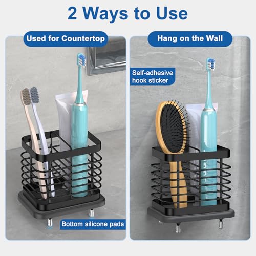 Wall Mounted Toothbrush Holder with Fast Dry Tray - 2 Slots, Black