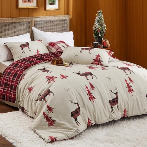 Bedsure Christmas Comforter Set Queen - Red Reindeer 3-Piece, Reversible
