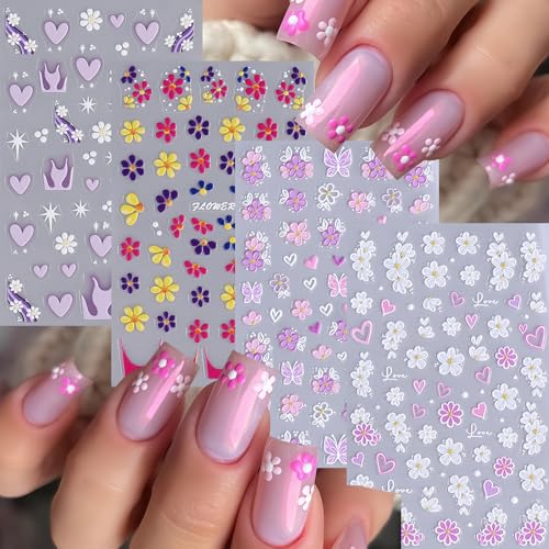 5D Embossed Flower Nail Art Stickers - Self-Adhesive Daisy & Butterfly Decals (4 Sheets)