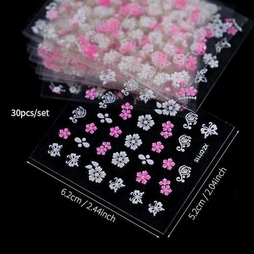 30 Sheet Pink & White Flower Nail Stickers 3D Floral Butterfly Decals