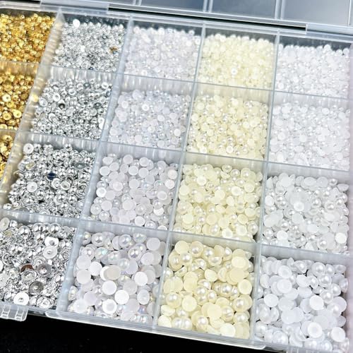GSHLLO 24 Grid Flatback Pearl Nail Charms and Craft Beads Set