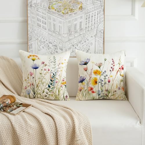 Spring Floral Throw Pillow Covers 18x18 Inch Set of 2