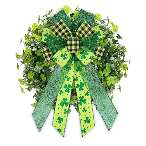 Large St. Patrick's Day Wreath Bow - Black Green Plaid Decor