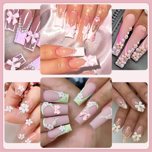 Qdsuh 3D Flower and Bow Nail Charms with Acrylic Gems and Pearls