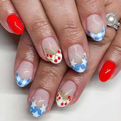 4th of July Press on Nails Medium Almond Blue French Tip Fake Nails