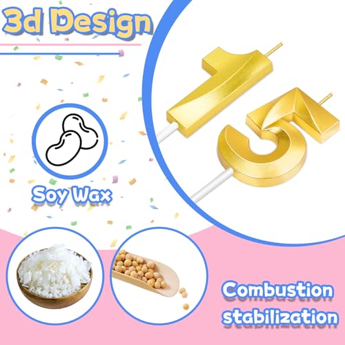 Gold Number 15 Birthday Candles | 15th Birthday Cake Topper