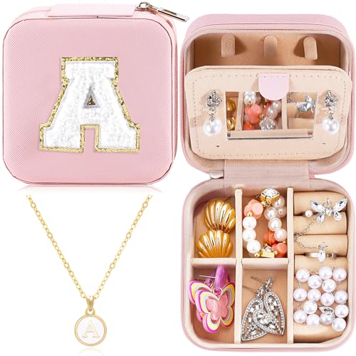 Pink Travel Jewelry Organizer Box with Mirror for Women & Girls - Personalized Initial Jewelry Case