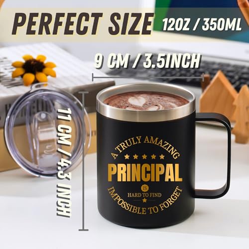 Black 12oz Stainless Steel Coffee Mug with Handle & Lid - Principal Appreciation Gift