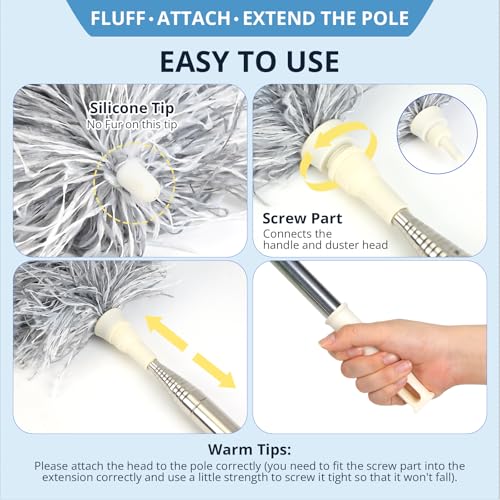 Gray Feather Duster with Extension Pole & Flexible Head for Cleaning