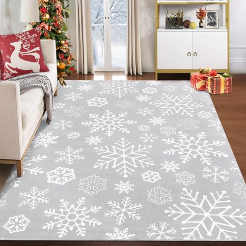 8x10 Feet Christmas Snowflake Area Rug - Grey Holiday Floor Cover