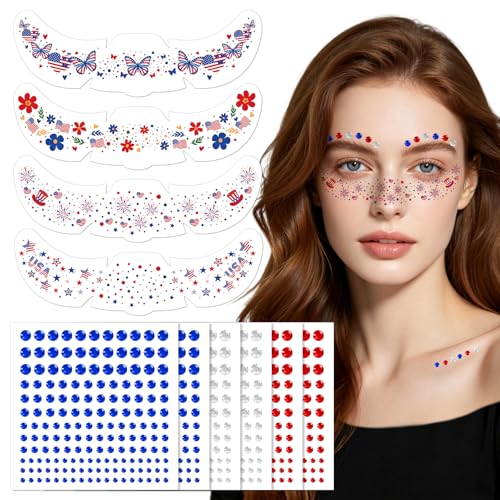 HOWAF Patriotic Glitter Freckles Temporary Tattoos & Face Gems 14-Piece Set