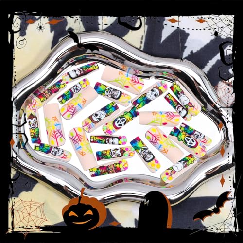 Halloween Long Square Press on Nails - Spooky Rhinestone Fake Nails Kit