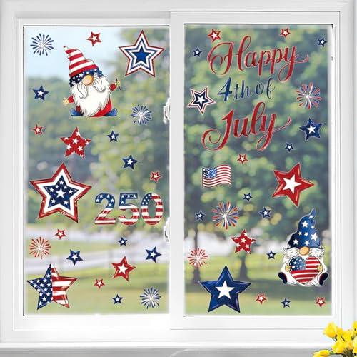 250th Anniversary Patriotic Window Clings - 6 Sheets of Gnome & Star Decals