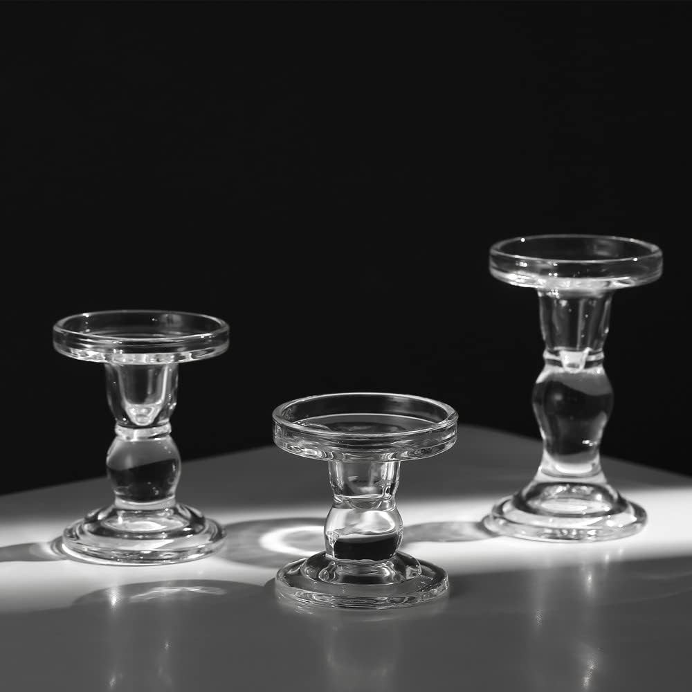 Skiennix Crystal Glass Candle Holders - Elegant Clear Pillar Taper Design for Weddings & Parties | Small Size