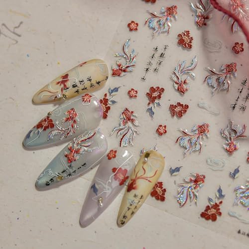 5D Embossed Golden Koi Fish Nail Art Stickers Spring Flowers Decals