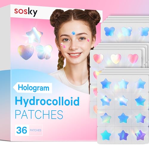 Sosky Holographic Pimple Patches - Hydrocolloid Acne Zit Stickers with Salicylic Acid, 36 Count