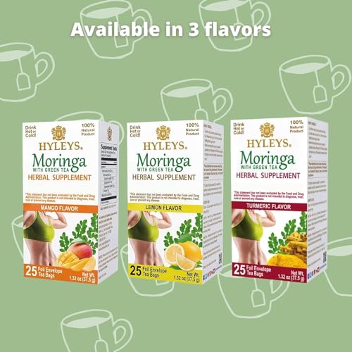 Hyleys Moringa Oleifera and Green Tea Mango Flavor - 25 Tea Bags (12 Pack - 300 Tea Bags total) - Superfood Miracle Tree Tea with Dried Moringa Oleifera Leaves