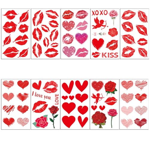 84 Pcs Kiss Temporary Tattoos Red Lips Heart Rose Body Art Decals