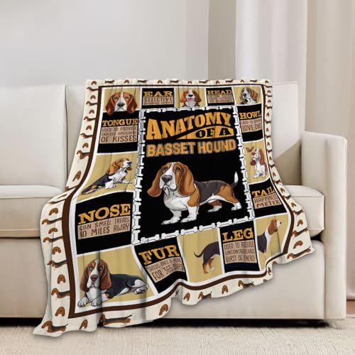 Basset Hound Throw Blanket - Soft Flannel Plush Dog Print, 50"x40"