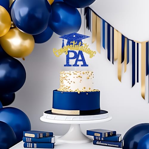 Congrats PA Cake Topper - Blue and Gold Glitter Graduation Decoration