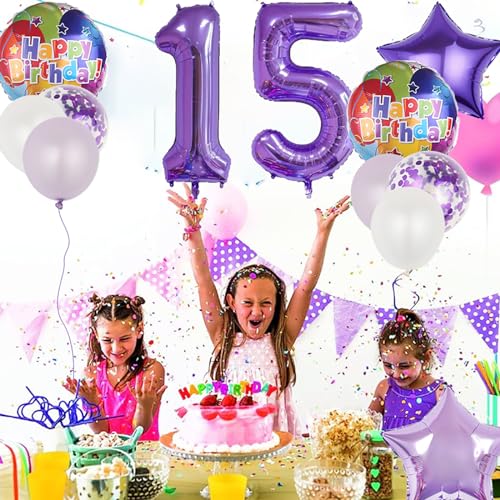 10th Birthday Party Decorations - 18 Pcs Purple Foil & Latex Balloons