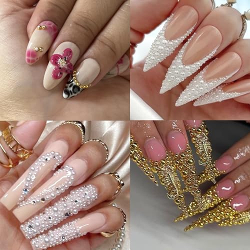 AIPULIDUO 4-Box AB Rhinestones & Pearls Nail Art Kit with Tweezers