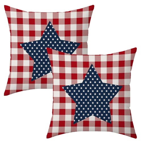 18x18 Patriotic Star Plaid Pillow Covers - Set of 2 for Home Decor